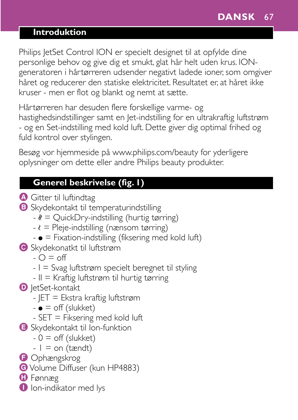 Dansk 67 | Philips JETSET CONTROL ION HP4882 User Manual | Page 67 / 88