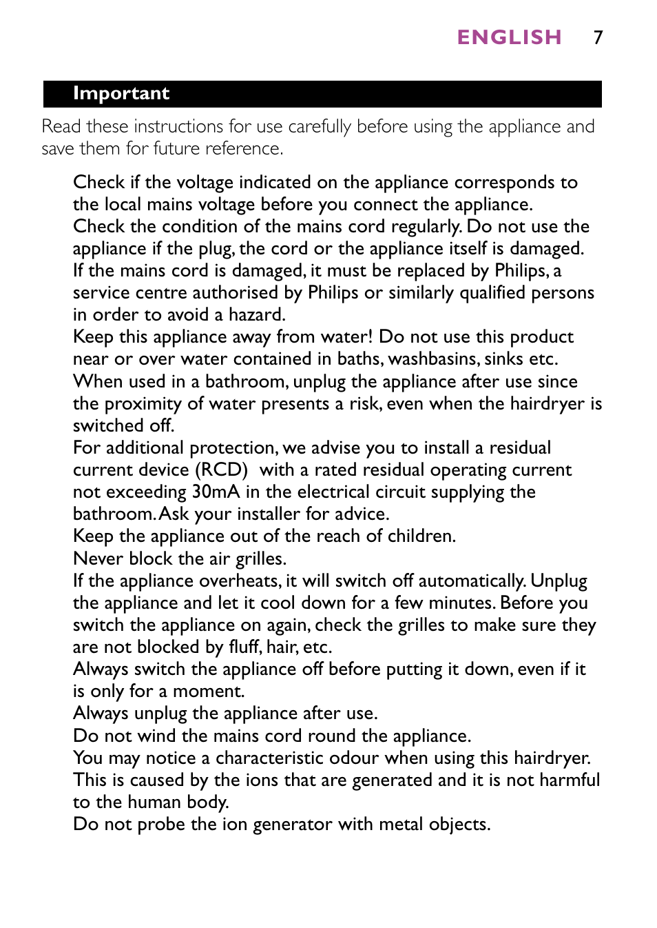 Philips JETSET CONTROL ION HP4882 User Manual | Page 7 / 88
