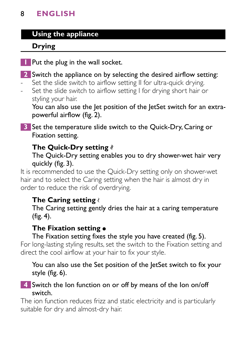 Philips JETSET CONTROL ION HP4882 User Manual | Page 8 / 88