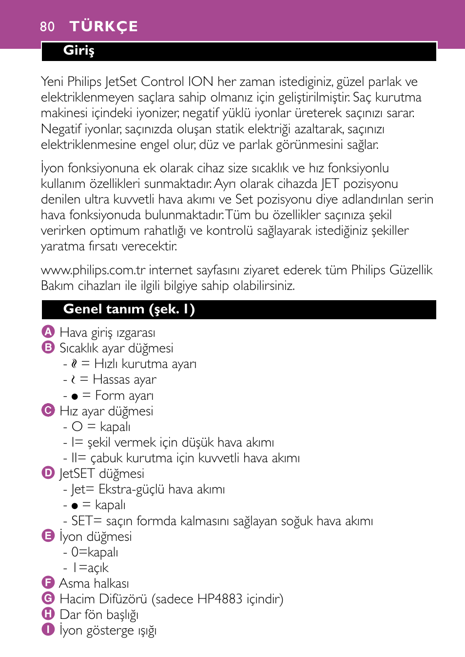 Türkçe | Philips JETSET CONTROL ION HP4882 User Manual | Page 80 / 88