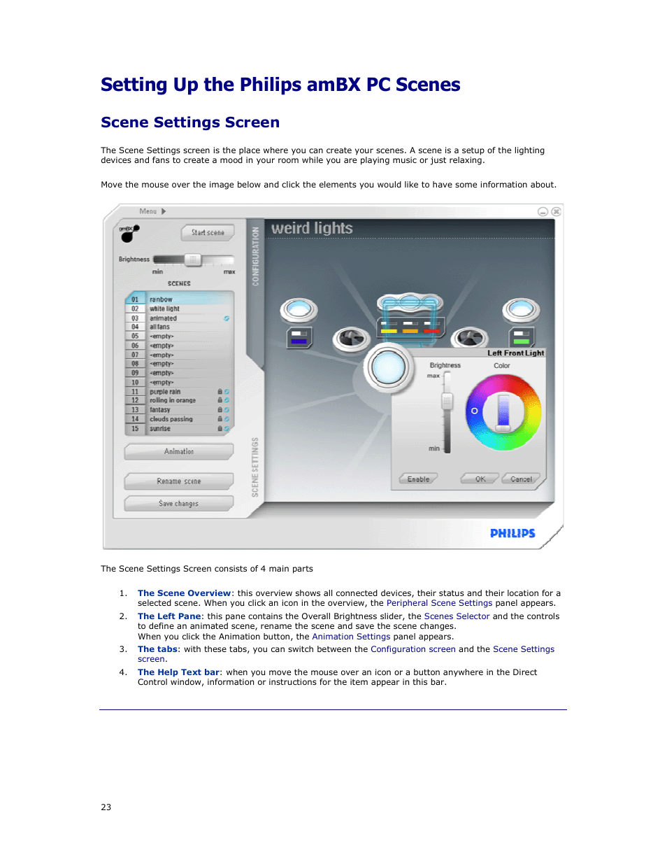 Setting up the philips ambx pc scenes, Scene settings screen | Philips AMBX SGC5101BD User Manual | Page 23 / 44