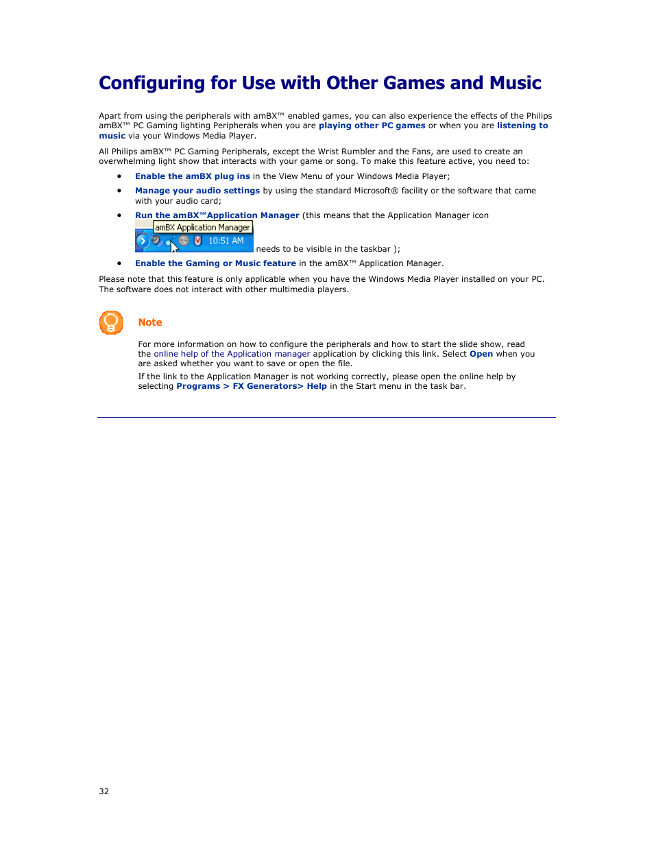 Configuring for use with other games and music | Philips AMBX SGC5101BD User Manual | Page 32 / 44