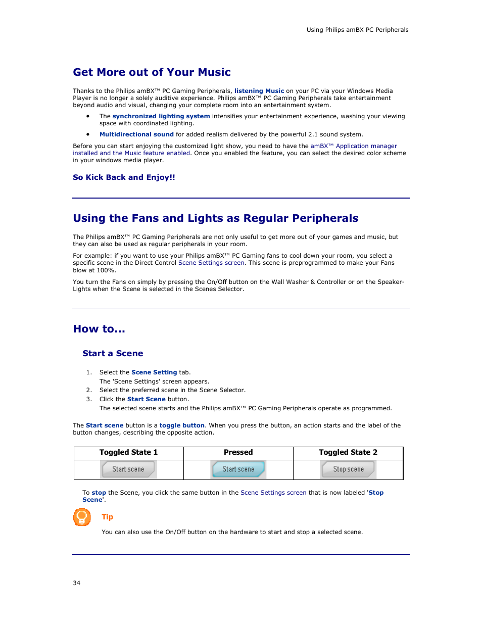 Get more out of your music, Using the fans and lights as regular peripherals, How to | Start a scene | Philips AMBX SGC5101BD User Manual | Page 34 / 44