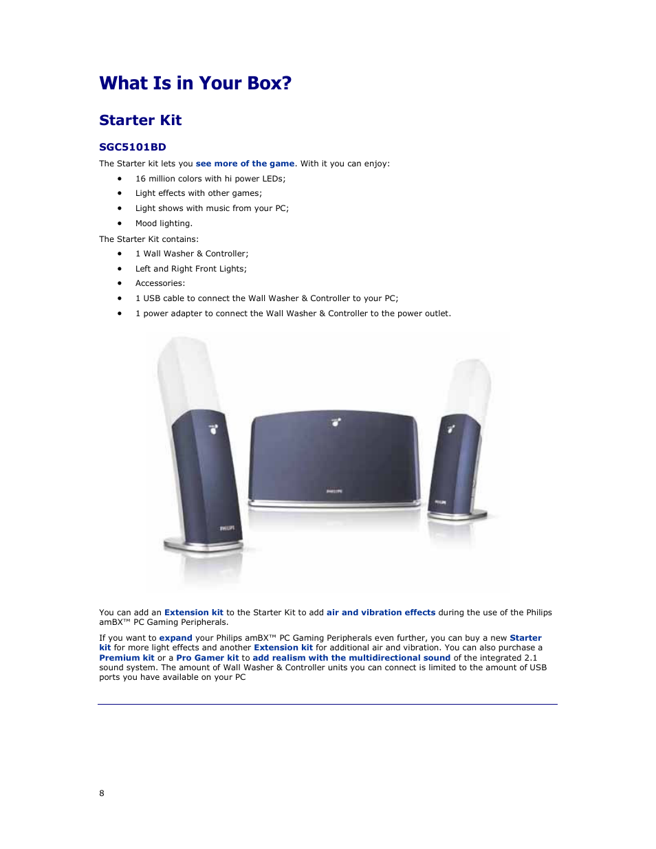 What is in your box, Starter kit | Philips AMBX SGC5101BD User Manual | Page 8 / 44