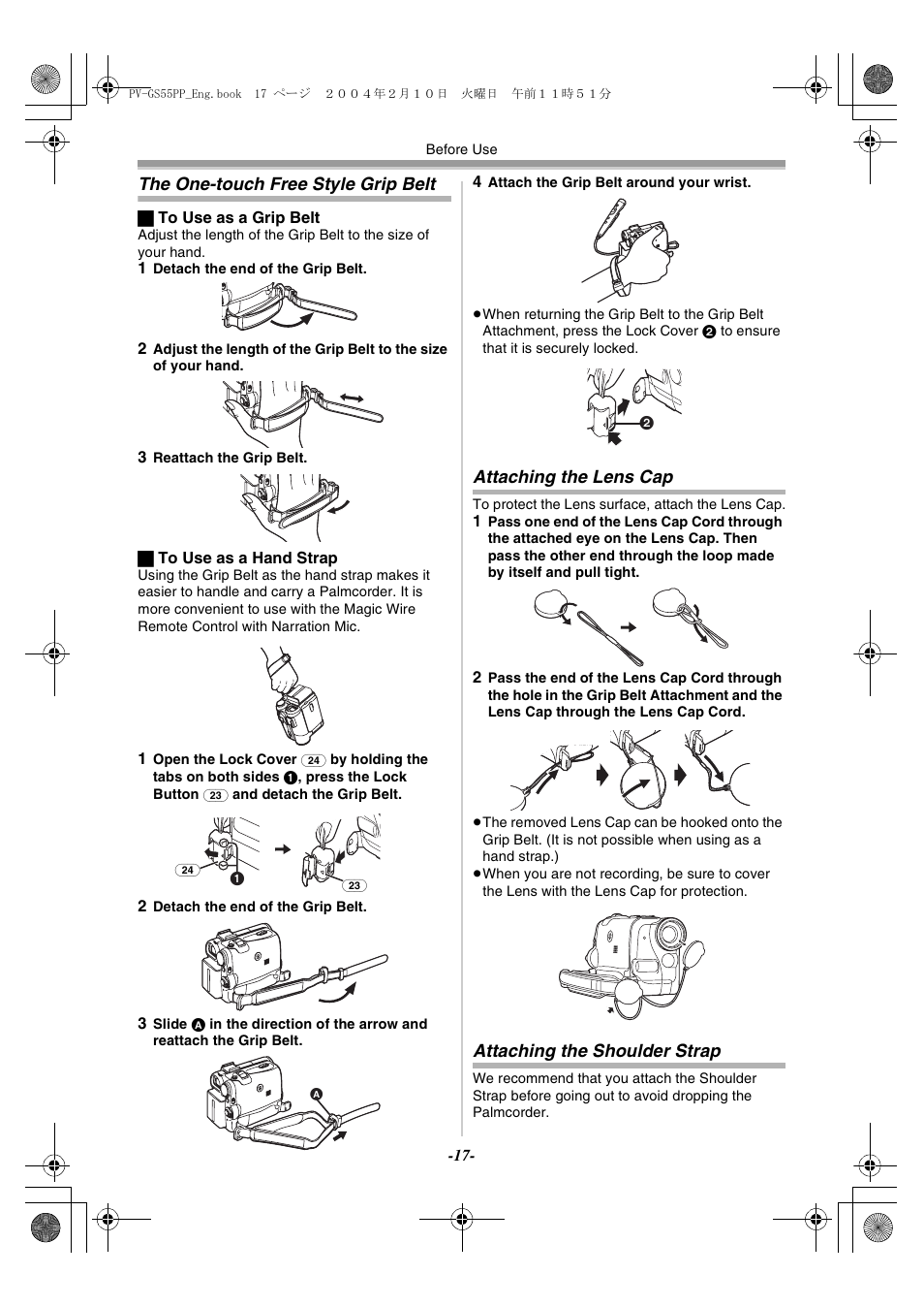 The one-touch free style grip belt, Attaching the lens cap, Attaching the shoulder strap | Philips PV-GS55 User Manual | Page 17 / 88