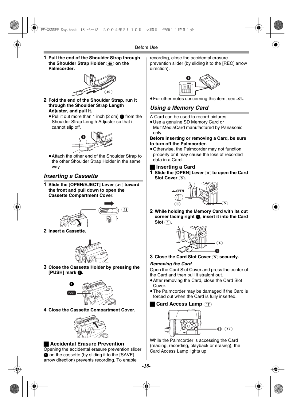 Inserting a cassette, Using a memory card, Inserting a cassette using a memory card | Cover | Philips PV-GS55 User Manual | Page 18 / 88