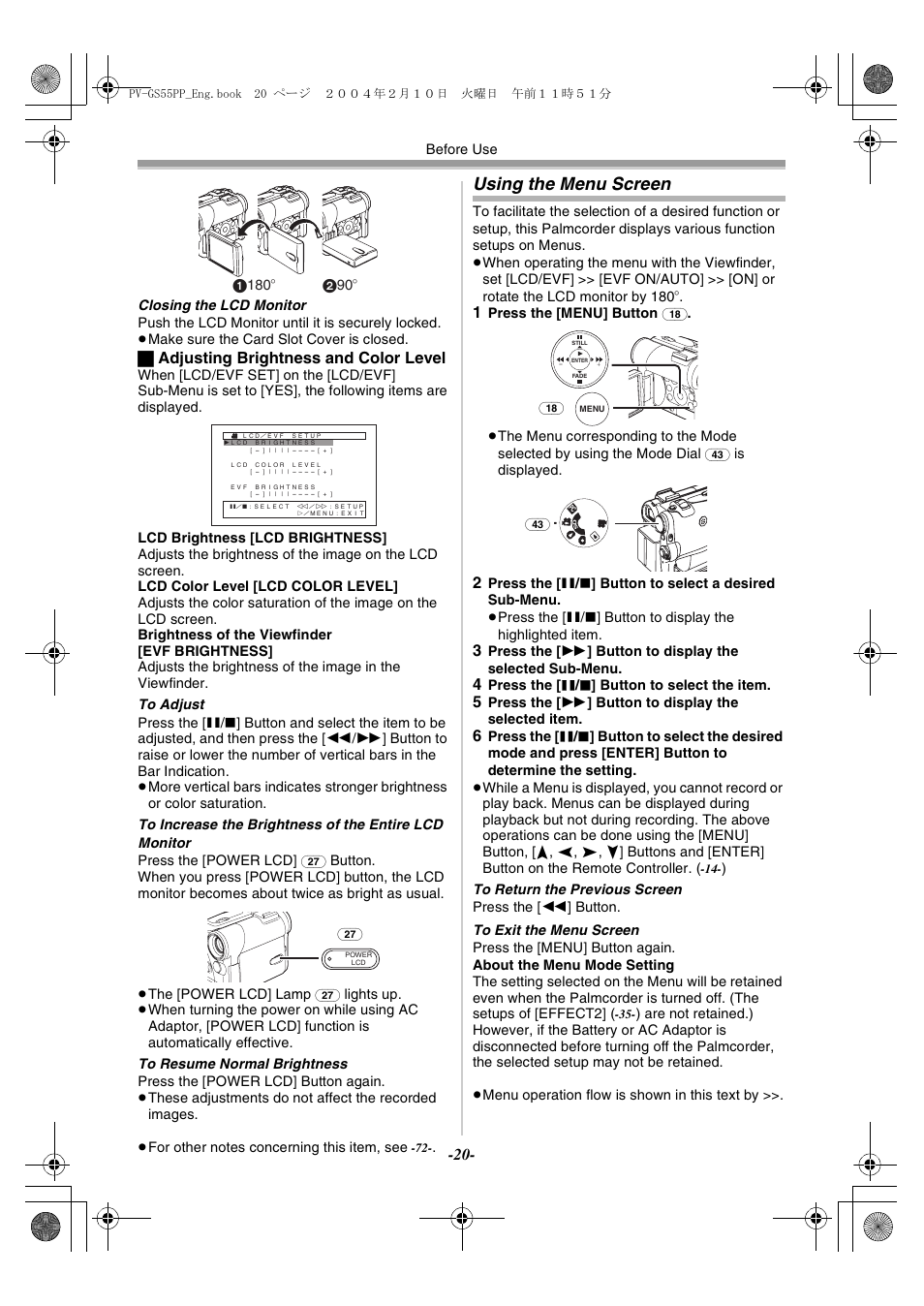 Using the menu screen, ª adjusting brightness and color level | Philips PV-GS55 User Manual | Page 20 / 88