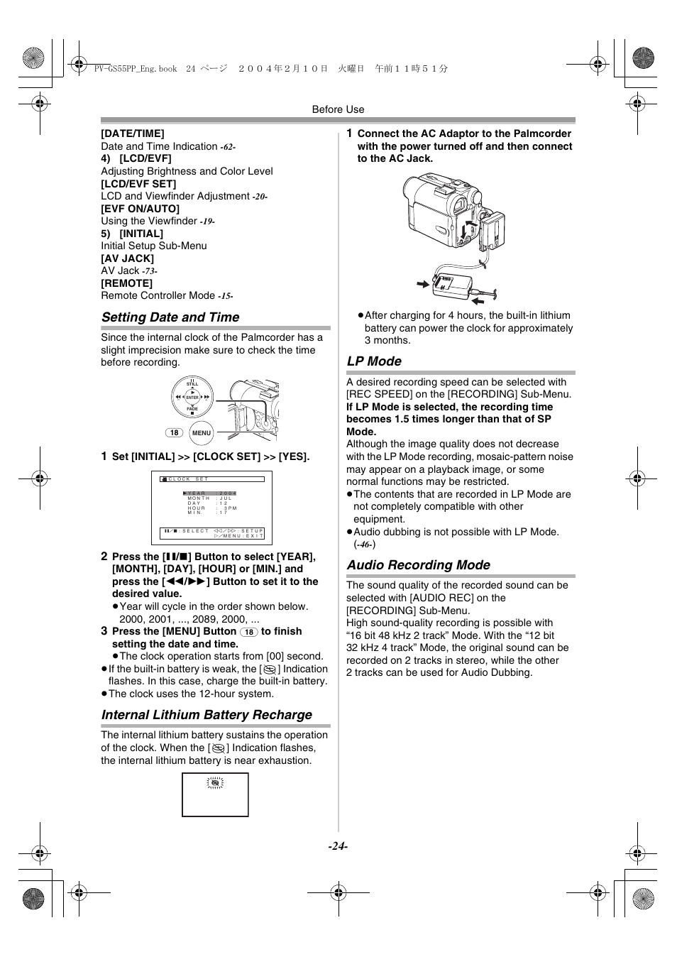 Setting date and time, Internal lithium battery recharge, Lp mode | Audio recording mode | Philips PV-GS55 User Manual | Page 24 / 88