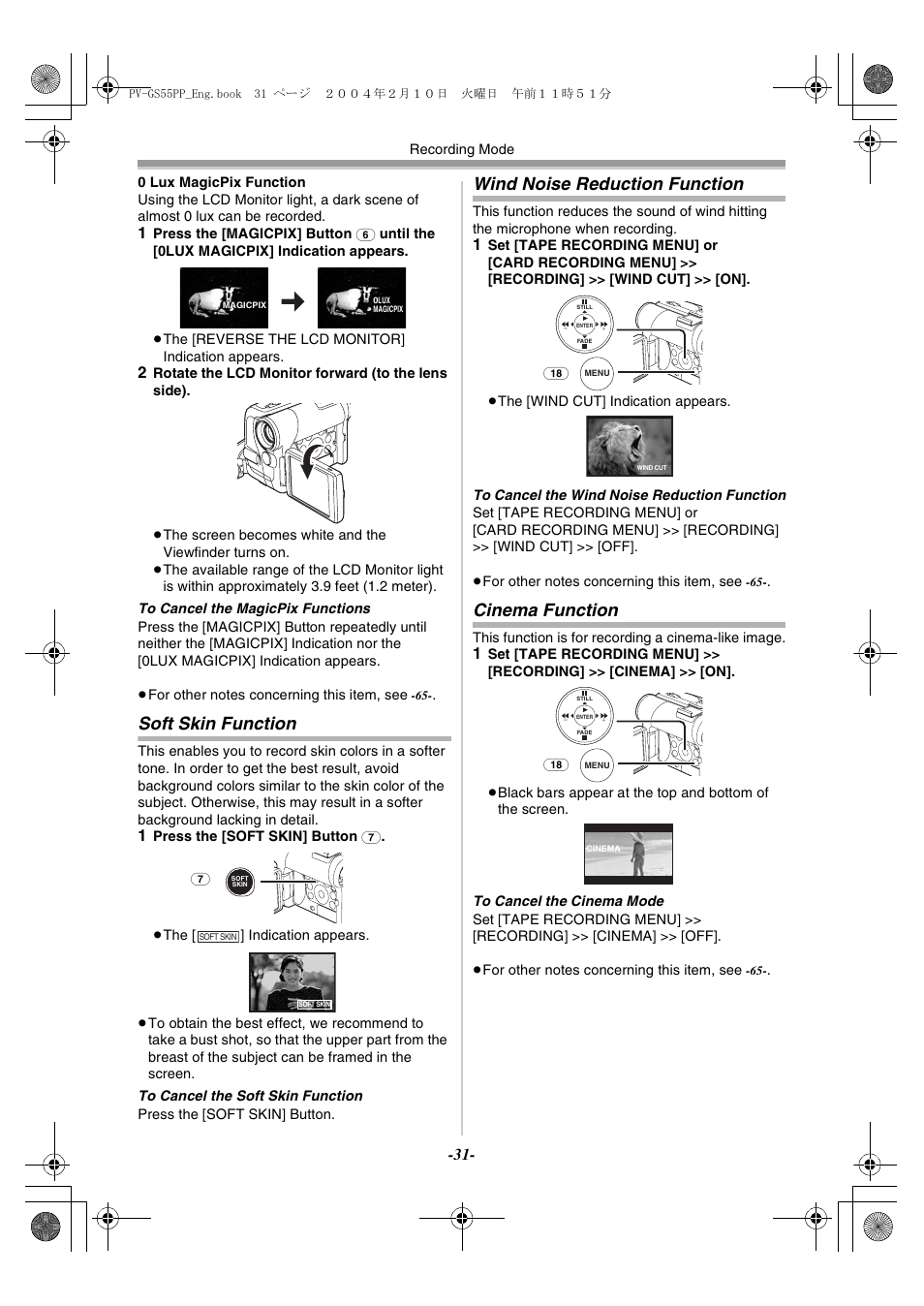 Soft skin function, Wind noise reduction function, Cinema function | Philips PV-GS55 User Manual | Page 31 / 88