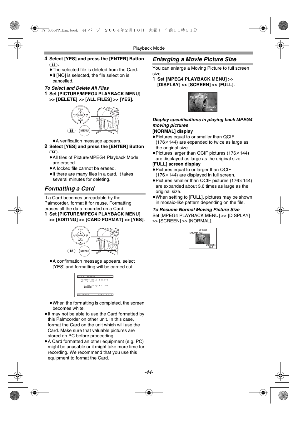 Formatting a card, Enlarging a movie picture size, Formatting a card enlarging a movie picture size | Philips PV-GS55 User Manual | Page 44 / 88