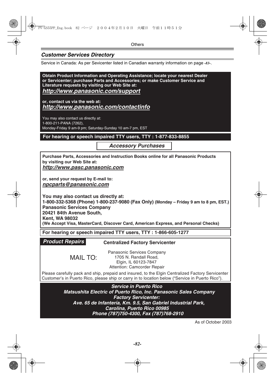 Customer services directory, Mail to | Philips PV-GS55 User Manual | Page 82 / 88