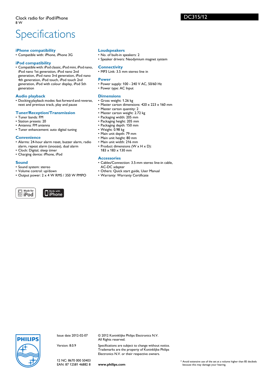 Specifications | Philips DC315/12 User Manual | Page 2 / 2