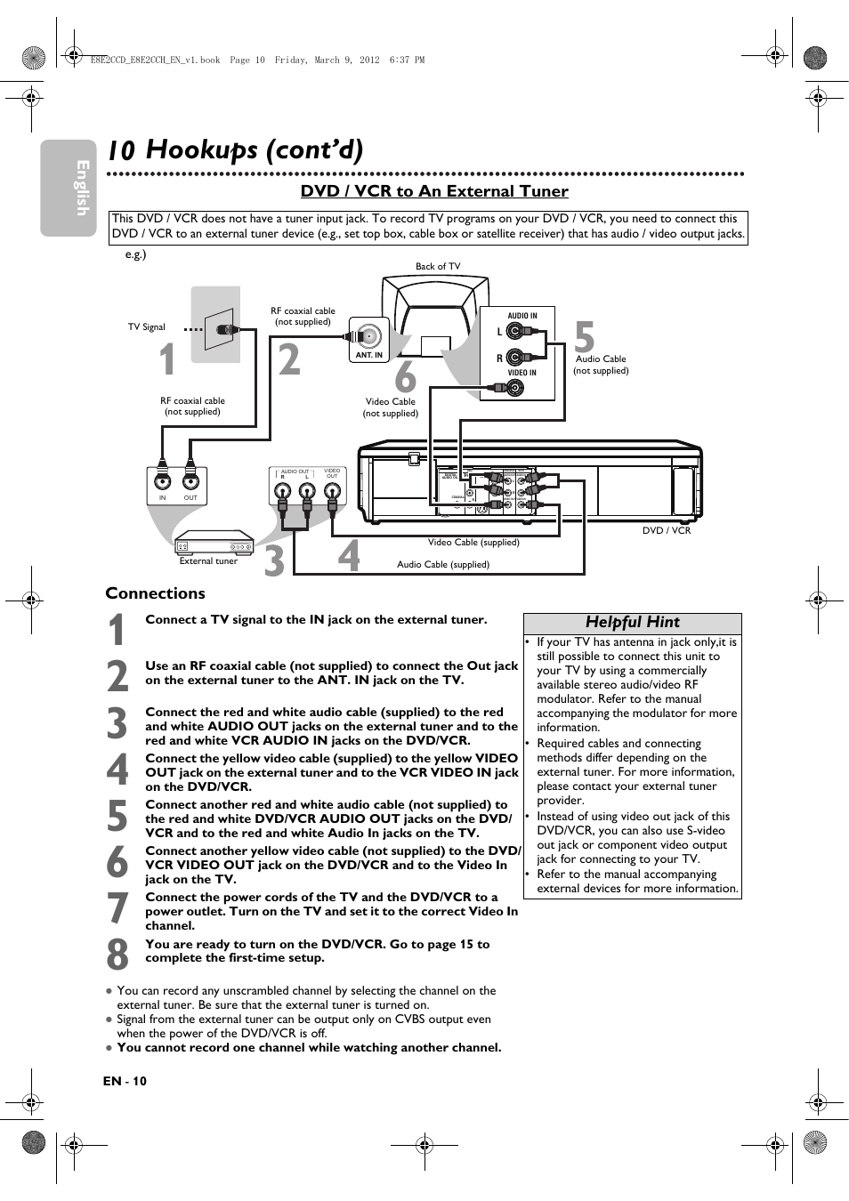 10 hookups (cont’d), English, Dvd / vcr to an external tuner | Connections, Helpful hint | Philips DVP3345VB User Manual | Page 10 / 66