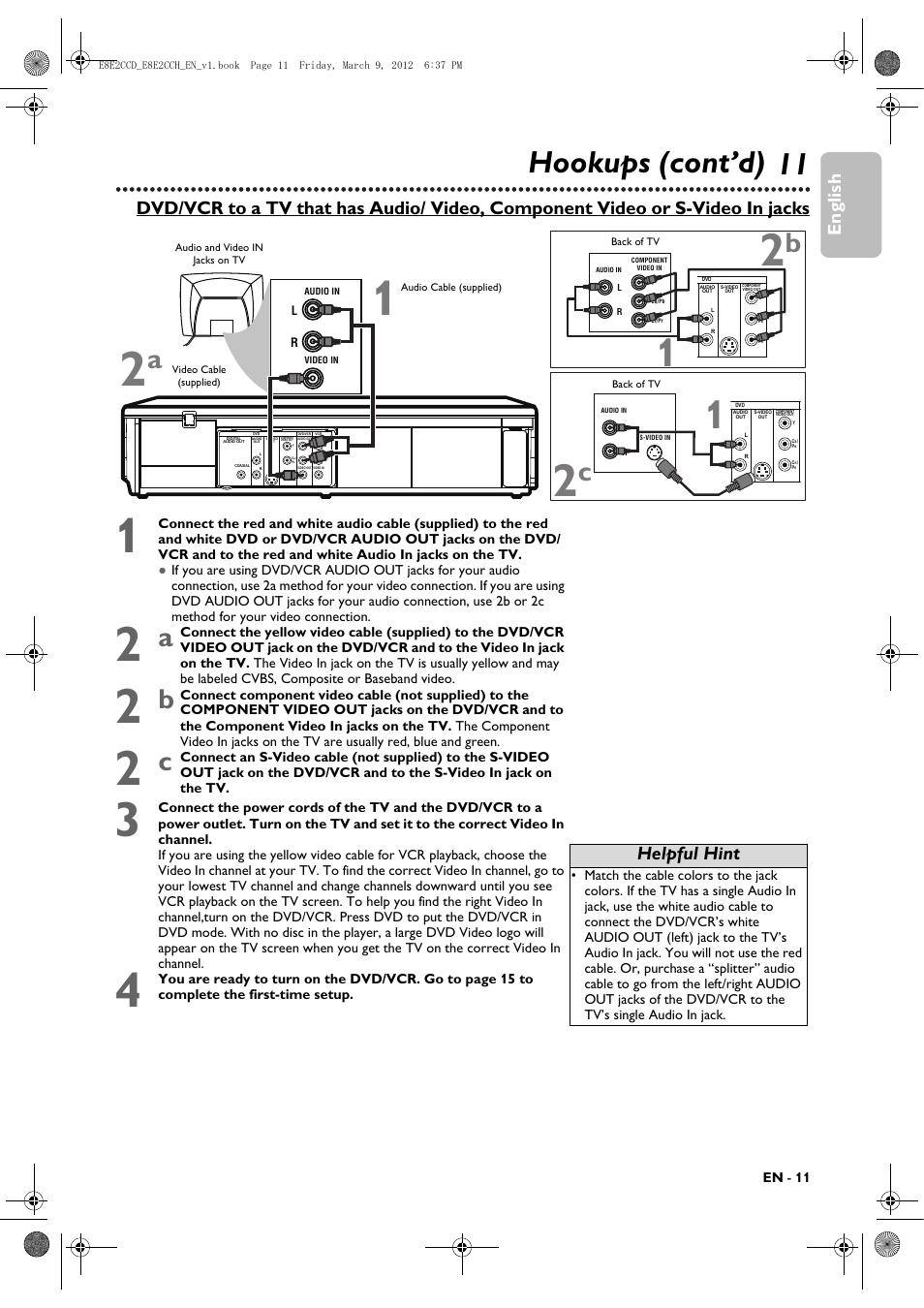 11 hookups (cont’d), English, Helpful hint | Philips DVP3345VB User Manual | Page 11 / 66