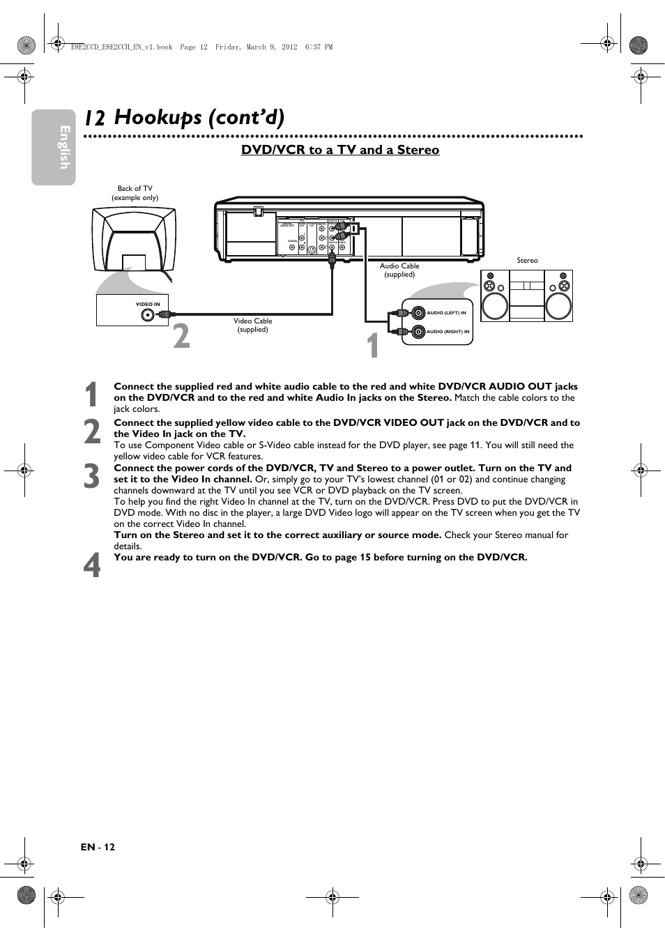 12 hookups (cont’d), English, Dvd/vcr to a tv and a stereo | Philips DVP3345VB User Manual | Page 12 / 66