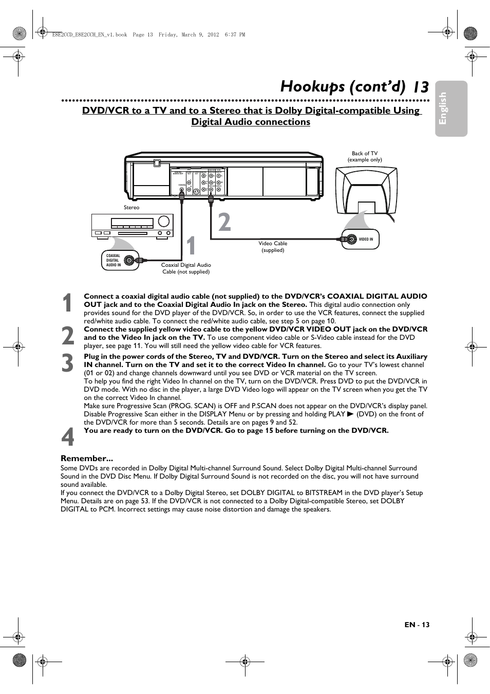 13 hookups (cont’d), English, Remember | Philips DVP3345VB User Manual | Page 13 / 66