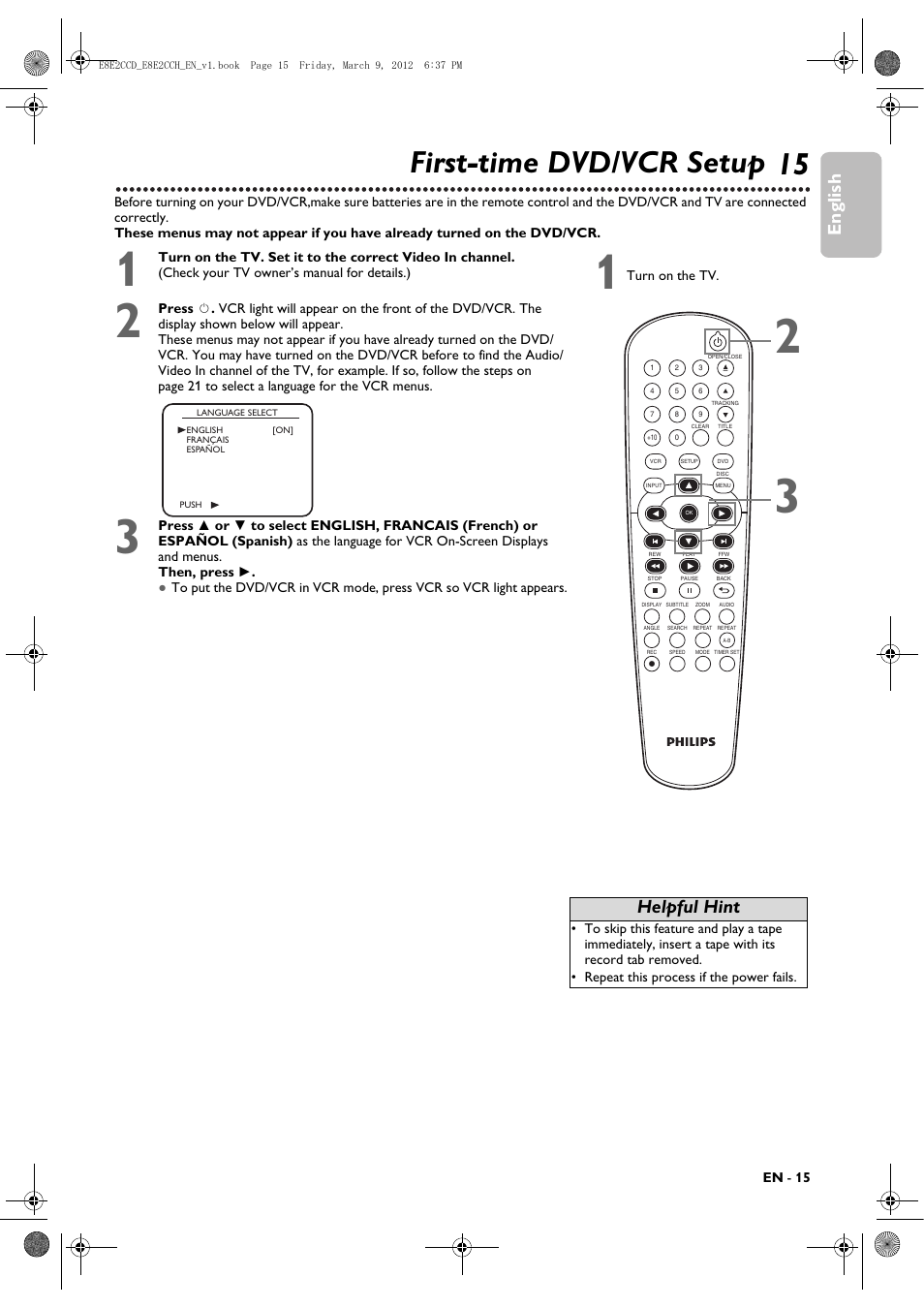 First-time dvd/vcr setup, 15 first-time dvd/vcr setup, English | Helpful hint | Philips DVP3345VB User Manual | Page 15 / 66