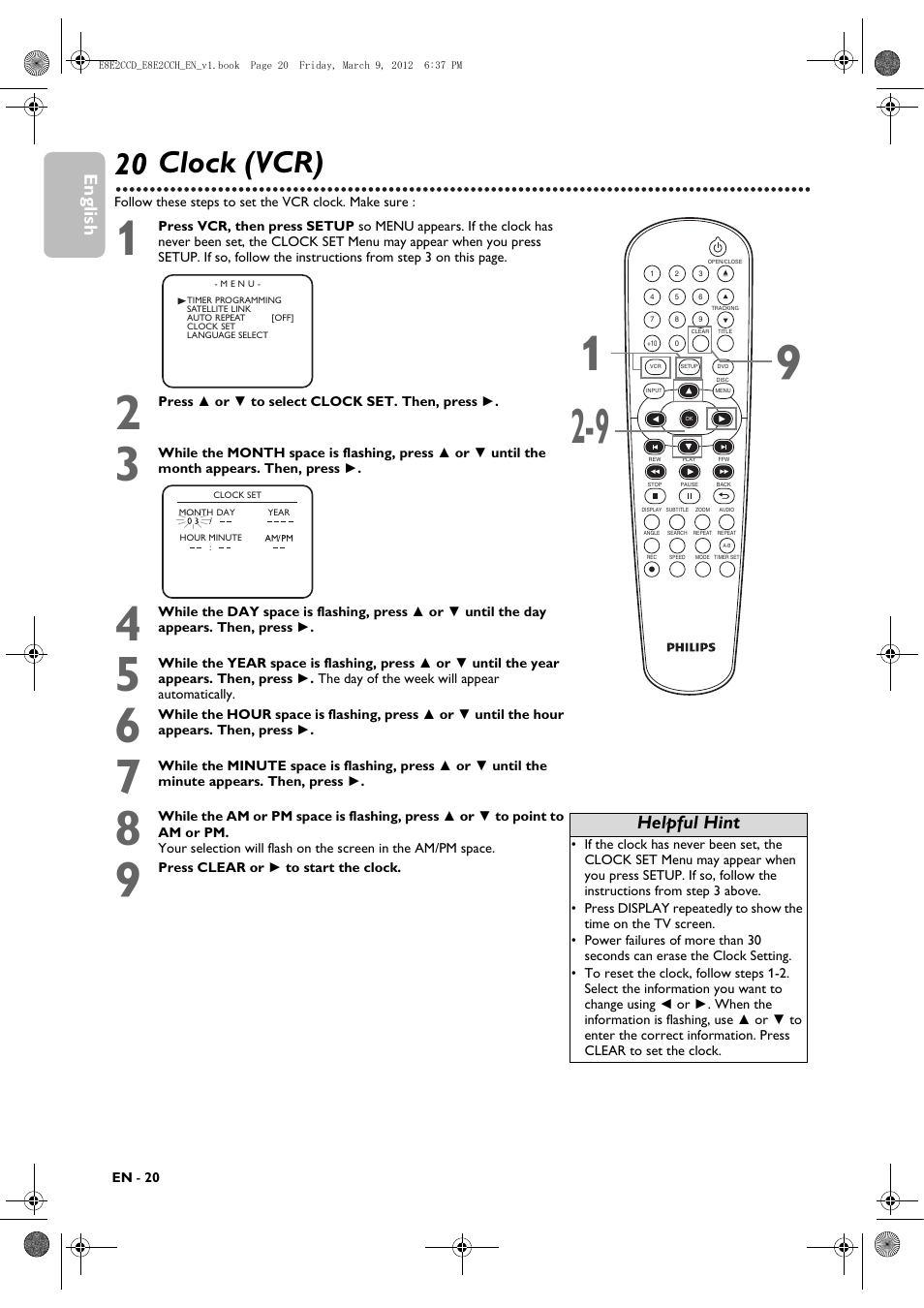 Additional vcr setup, Clock (vcr), English | Helpful hint | Philips DVP3345VB User Manual | Page 20 / 66