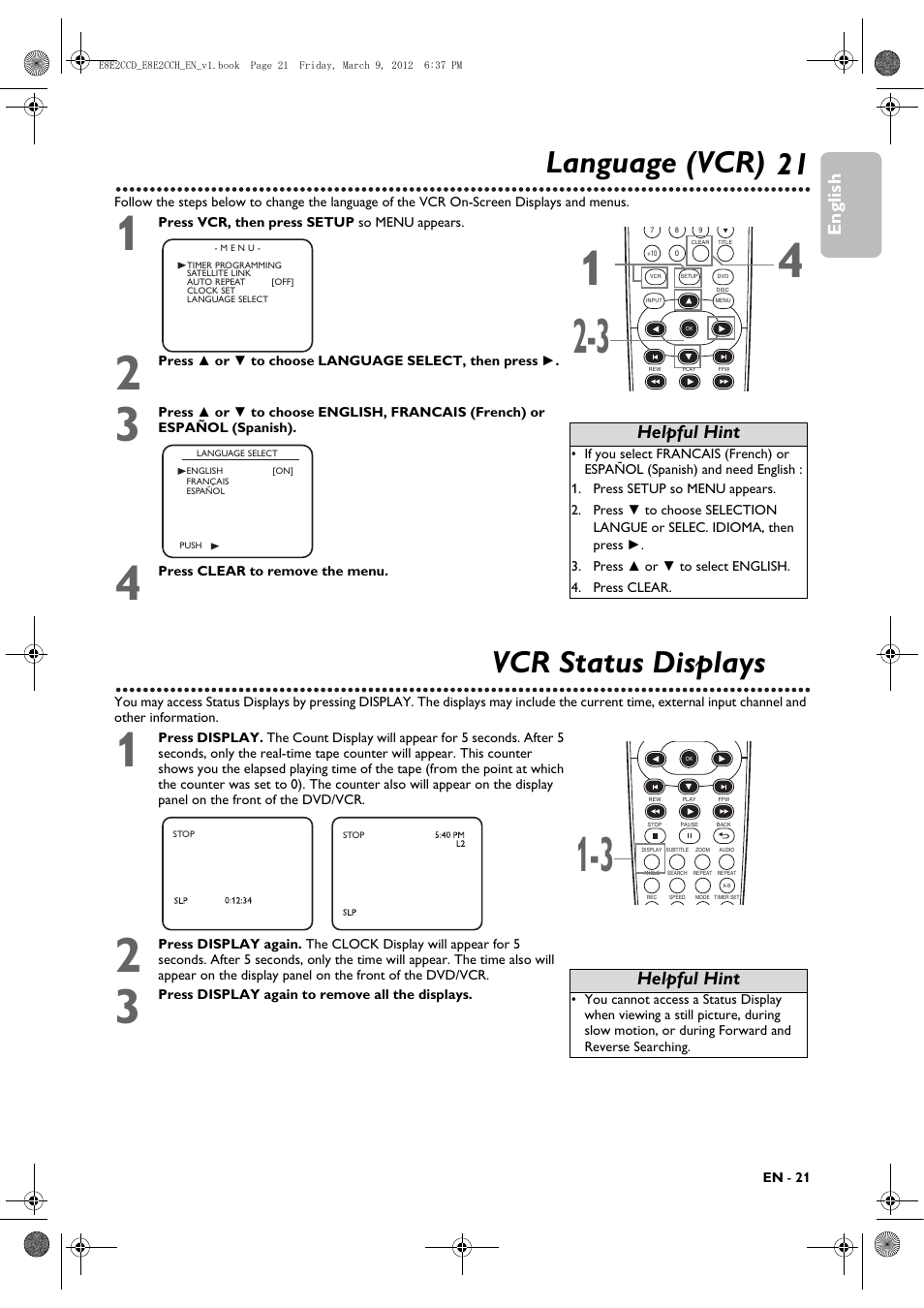 Language (vcr), Vcr status displays, 21 language (vcr) | English, Helpful hint | Philips DVP3345VB User Manual | Page 21 / 66