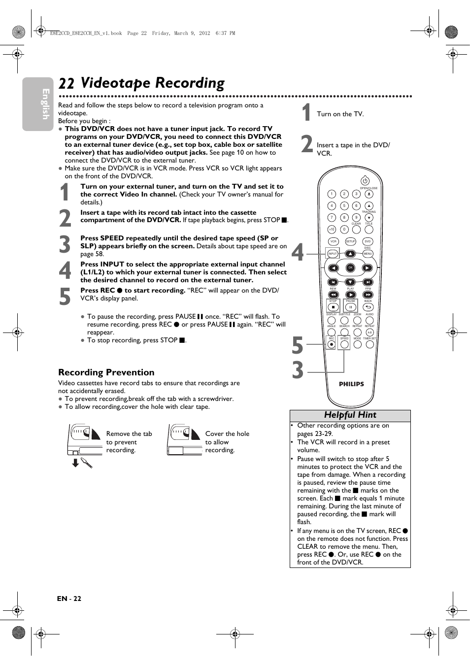 Vcr recording options, Videotape recording, English | Recording prevention, Helpful hint | Philips DVP3345VB User Manual | Page 22 / 66