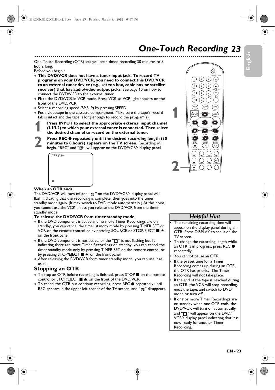 One-touch recording, 23 one-touch recording, English | Stopping an otr, Helpful hint | Philips DVP3345VB User Manual | Page 23 / 66