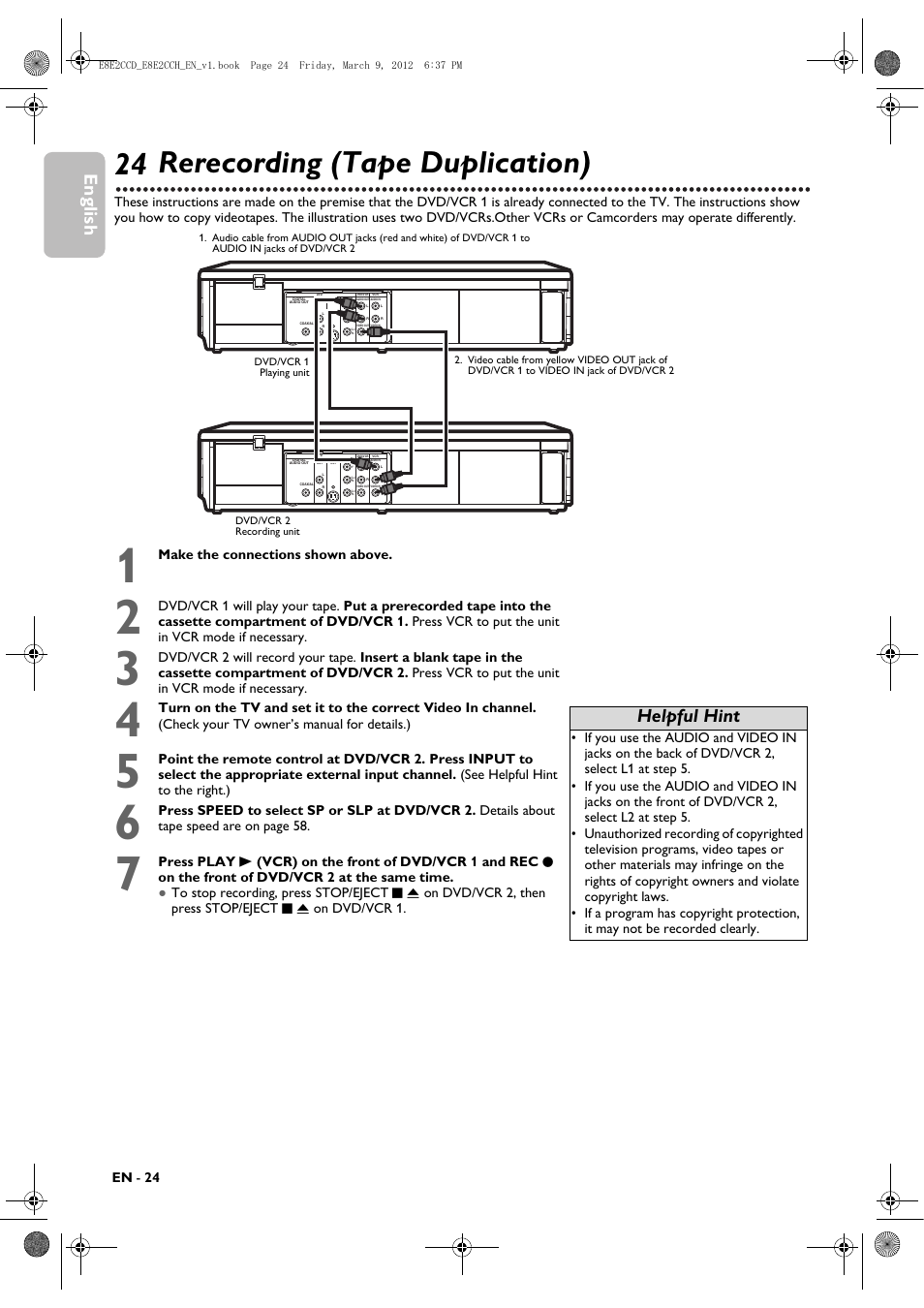 Rerecording (tape duplication), 24 rerecording (tape duplication), English | Helpful hint, En - 24, Make the connections shown above | Philips DVP3345VB User Manual | Page 24 / 66