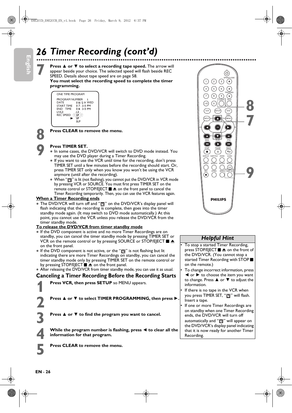 26 timer recording (cont’d), English, Helpful hint | Philips DVP3345VB User Manual | Page 26 / 66