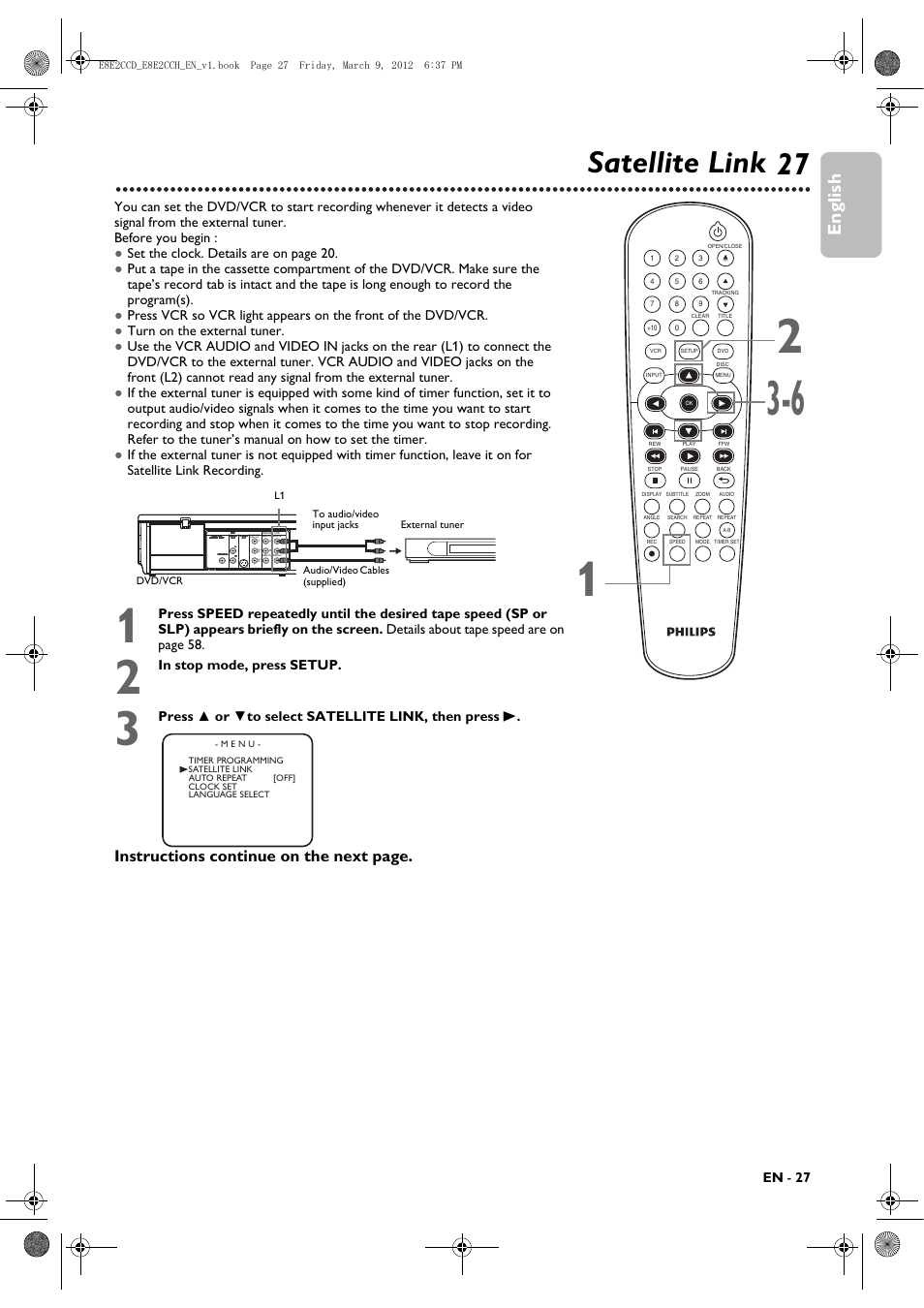 Satellite link, 27 satellite link, English | Instructions continue on the next page, En - 27, Press ▲ or ▼to select satellite link, then press b, Rcomponent video out | Philips DVP3345VB User Manual | Page 27 / 66