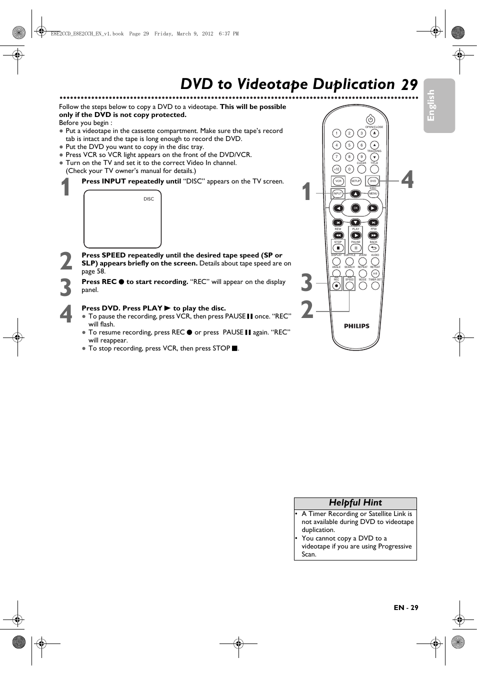 Dvd to videotape duplication, 29 dvd to videotape duplication, English | Helpful hint | Philips DVP3345VB User Manual | Page 29 / 66
