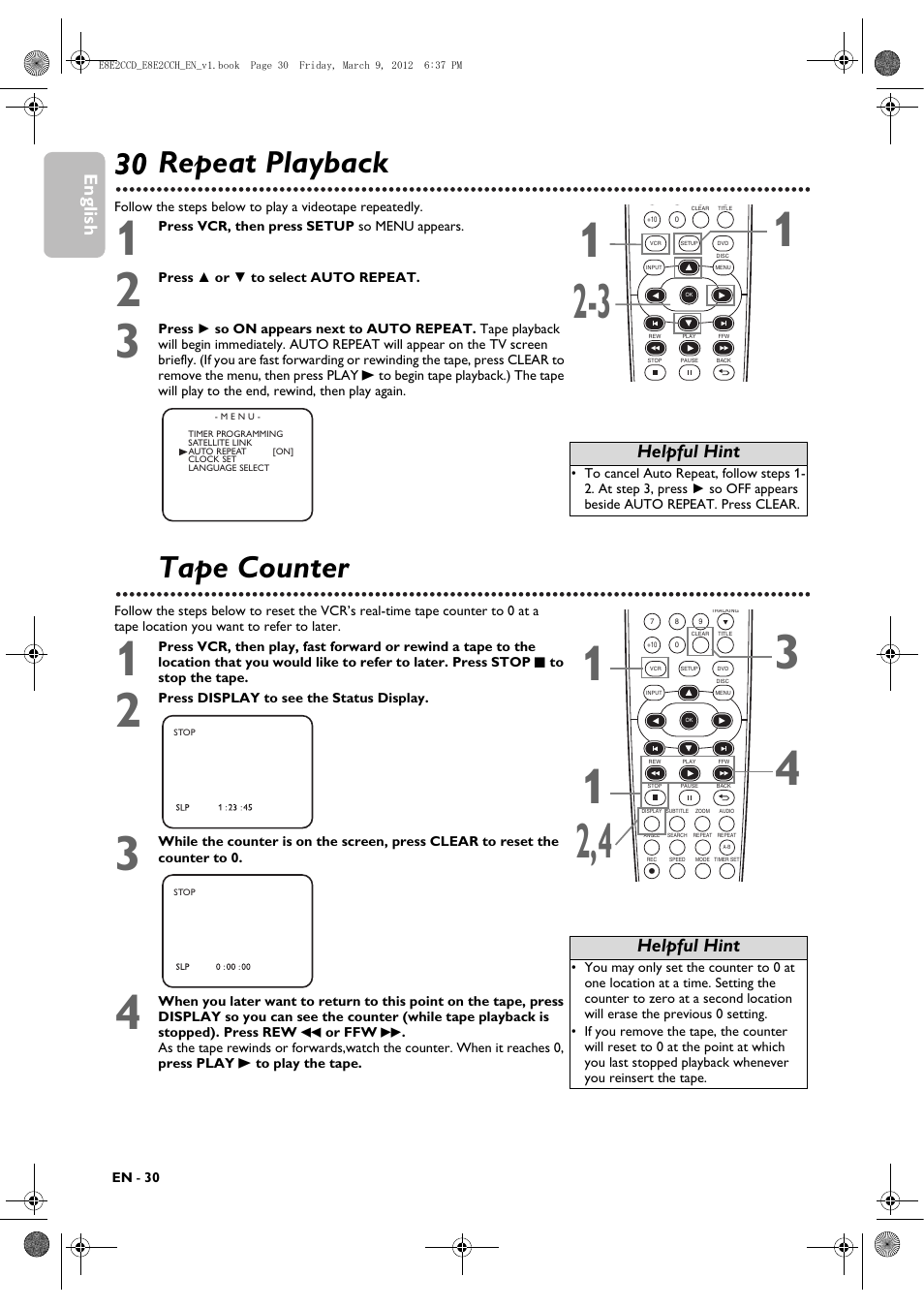 Video cassette playing options, Repeat playback, Tape counter | English, Helpful hint | Philips DVP3345VB User Manual | Page 30 / 66