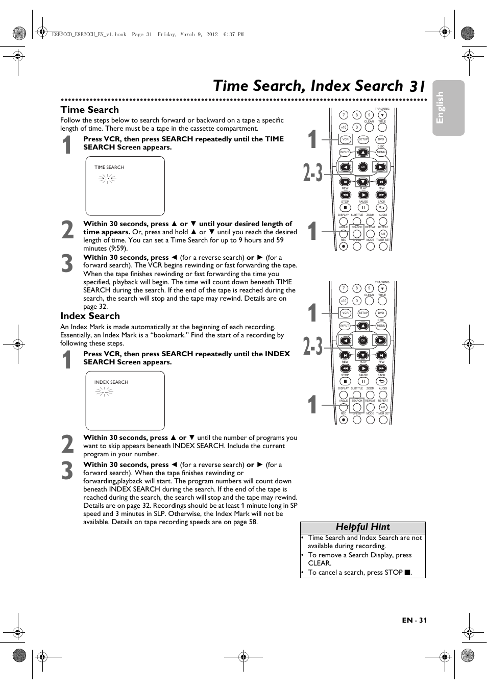 Time search, index search, 31 time search, index search, English | Time search, Index search, Helpful hint | Philips DVP3345VB User Manual | Page 31 / 66