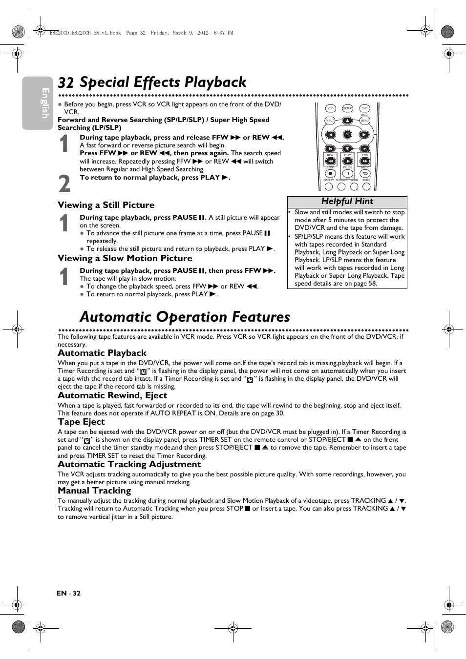 Special effects playback, Automatic operation features, 32 special effects playback | English, Automatic playback, Automatic rewind, eject, Tape eject, Automatic tracking adjustment, Manual tracking, Helpful hint | Philips DVP3345VB User Manual | Page 32 / 66