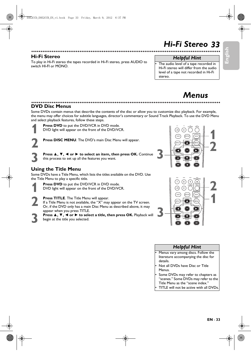 Additional vcr features, Hi-fi stereo, Disc playback features | Menus | Philips DVP3345VB User Manual | Page 33 / 66
