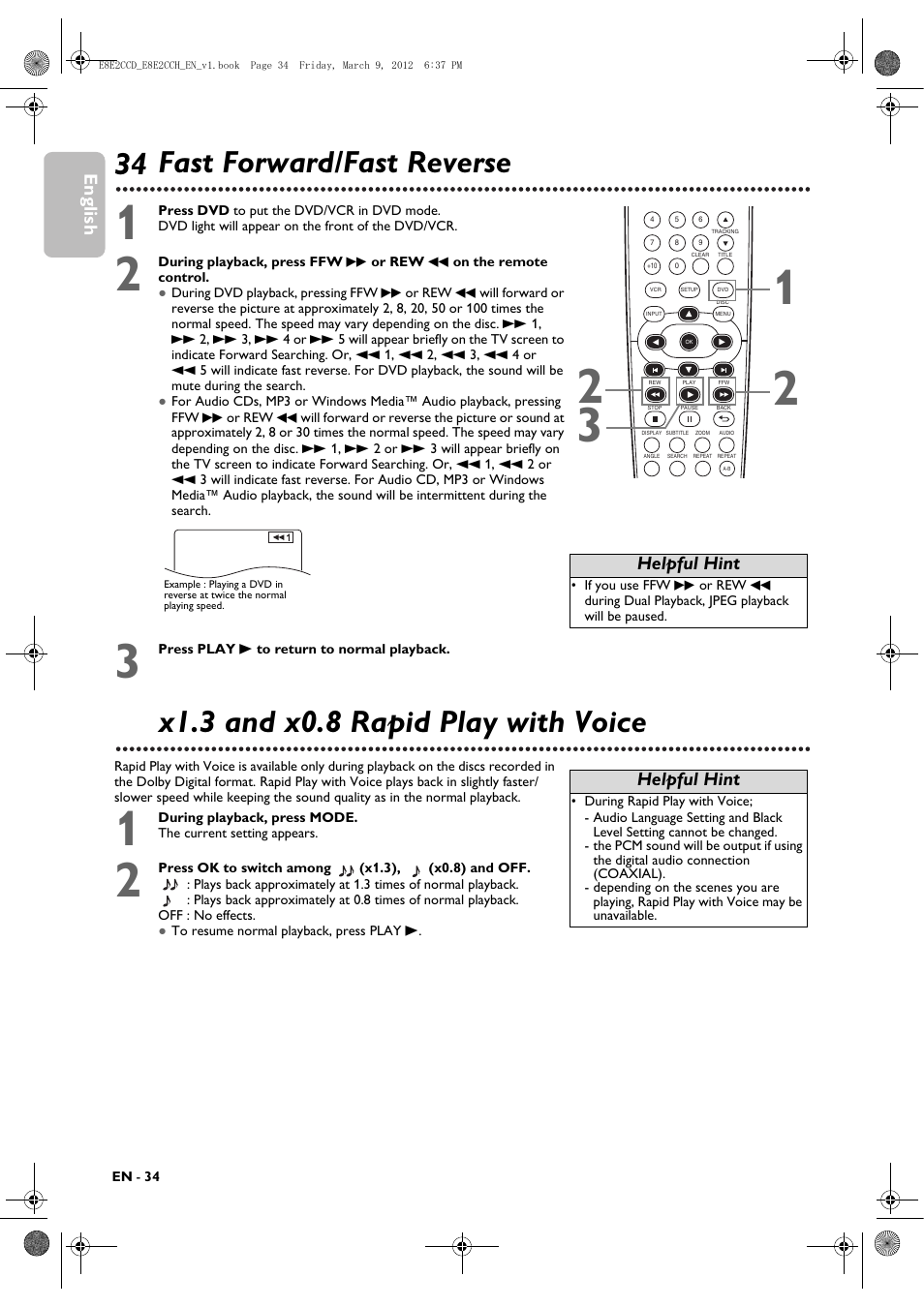 Fast forward/fast reverse, X1.3 and x0.8 rapid play with voice, English | Helpful hint | Philips DVP3345VB User Manual | Page 34 / 66