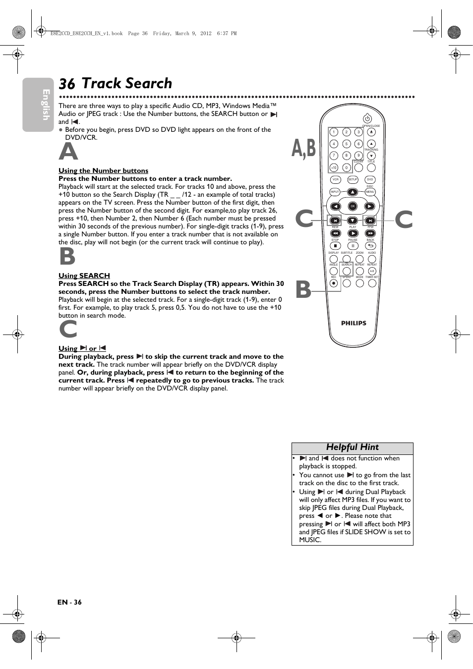 Track search, Cb a,b, 36 track search | English, Helpful hint | Philips DVP3345VB User Manual | Page 36 / 66