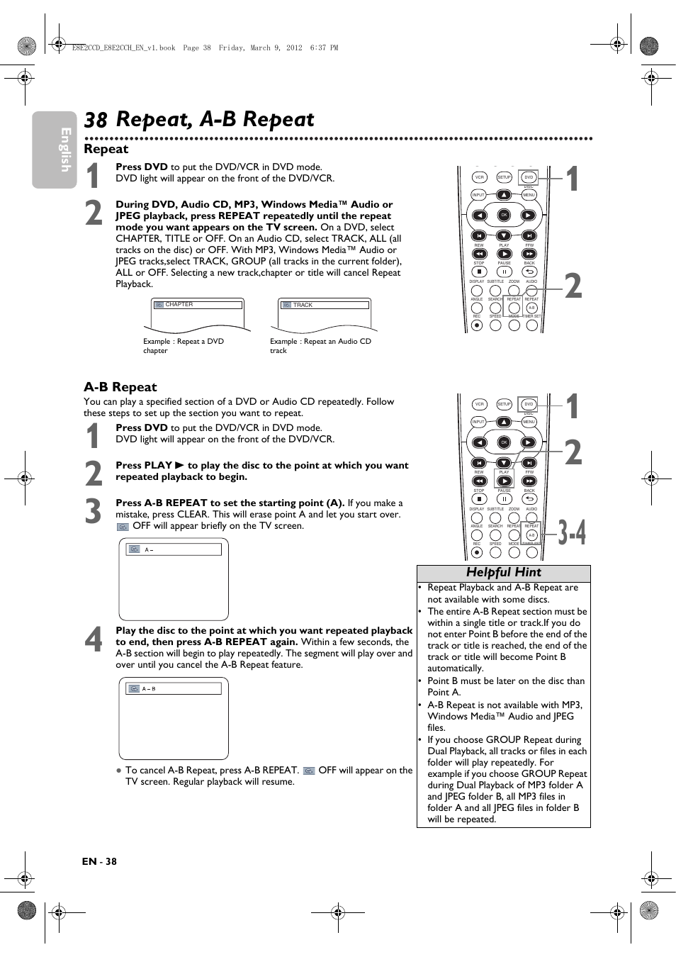 Repeat, a-b repeat, 38 repeat, a-b repeat, English | Repeat a-b repeat, Helpful hint | Philips DVP3345VB User Manual | Page 38 / 66