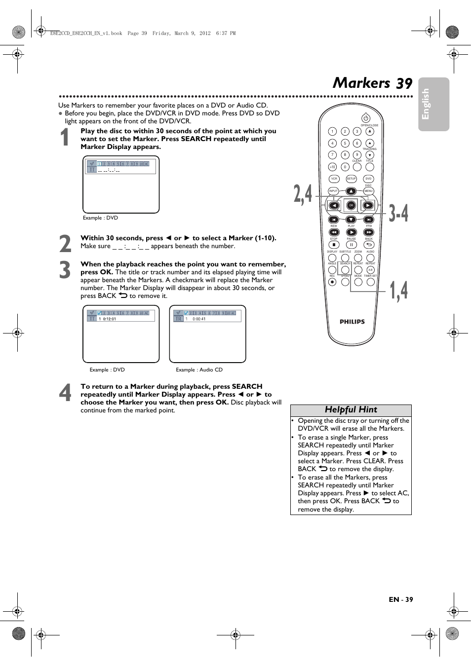 Markers, 39 markers, English | Helpful hint | Philips DVP3345VB User Manual | Page 39 / 66