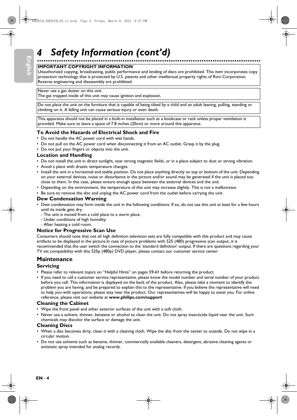 4 safety information (cont’d), English, Maintenance | Philips DVP3345VB User Manual | Page 4 / 66