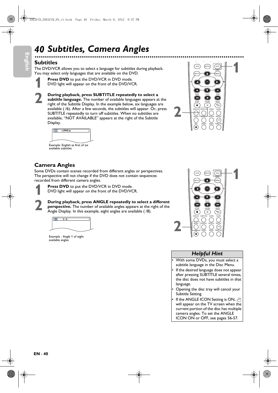 Subtitles, camera angles, 40 subtitles, camera angles, English | Subtitles, Camera angles, Helpful hint | Philips DVP3345VB User Manual | Page 40 / 66