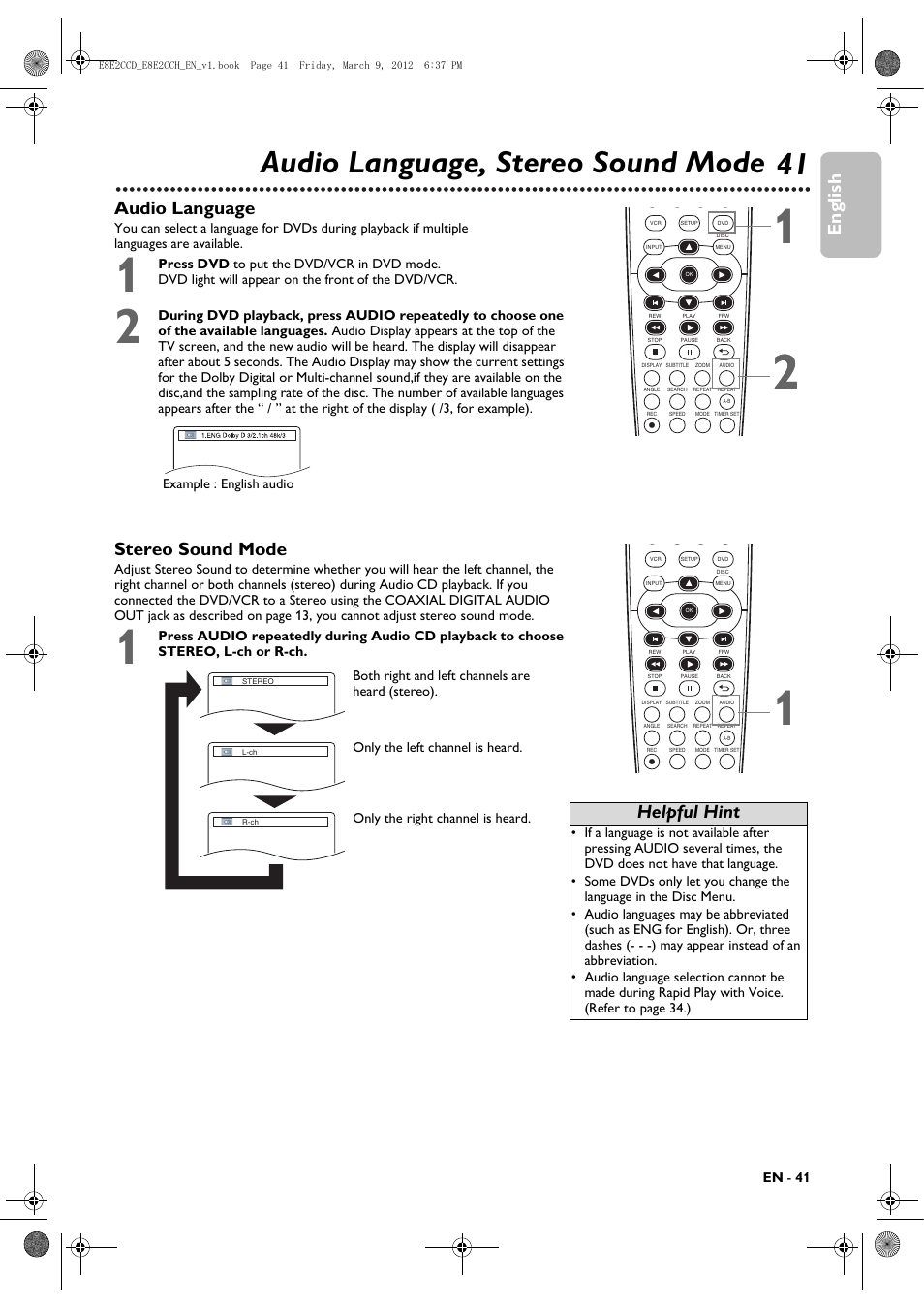 Audio language, stereo sound mode, 41 audio language, stereo sound mode, English | Audio language, Stereo sound mode, Helpful hint | Philips DVP3345VB User Manual | Page 41 / 66