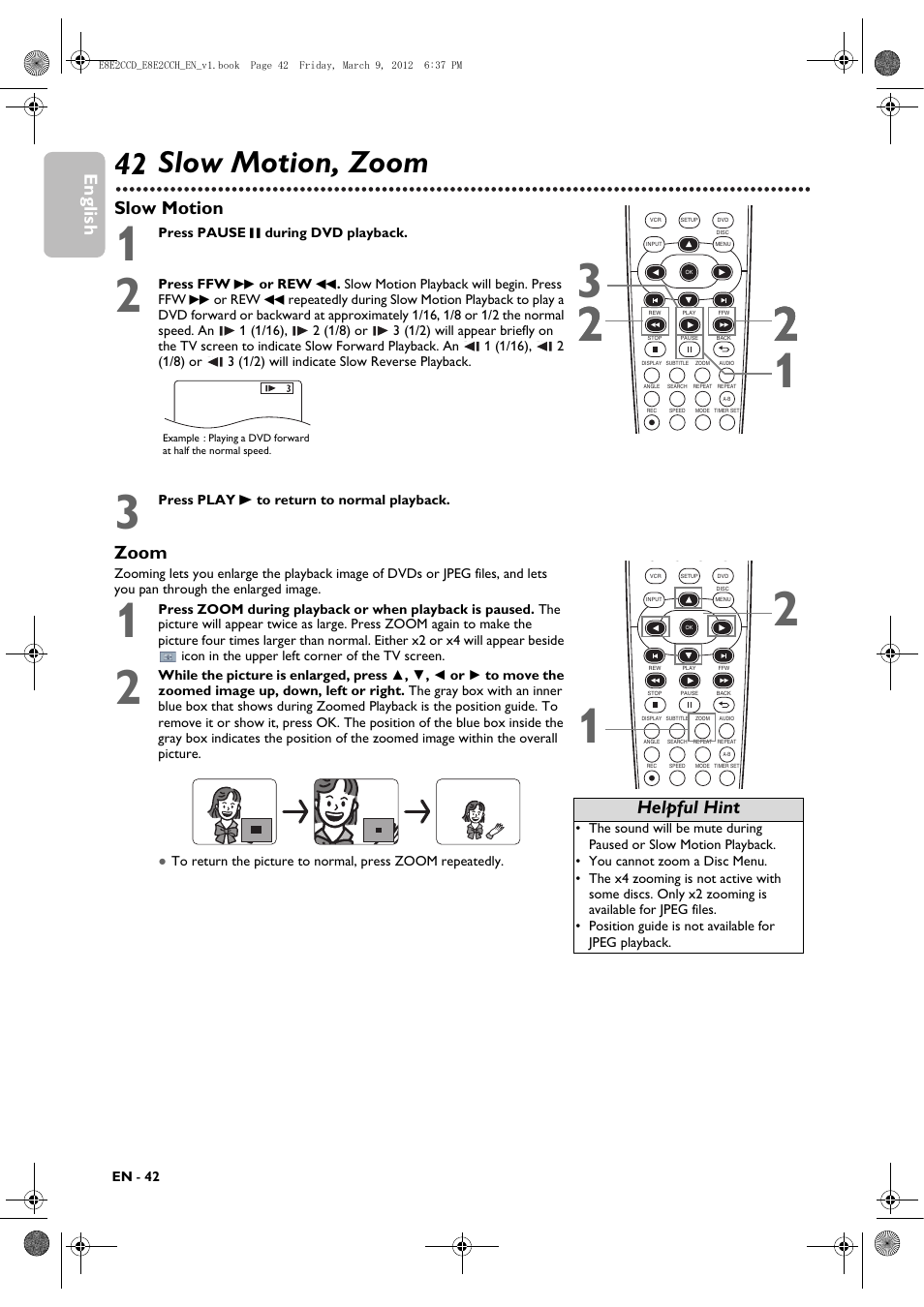 Slow motion, zoom, 42 slow motion, zoom, English | Slow motion zoom, Helpful hint | Philips DVP3345VB User Manual | Page 42 / 66