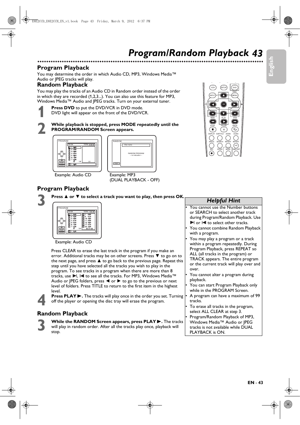 Program/random playback, 43 program/random playback, English | Program playback, Random playback, Program playback random playback, Helpful hint | Philips DVP3345VB User Manual | Page 43 / 66