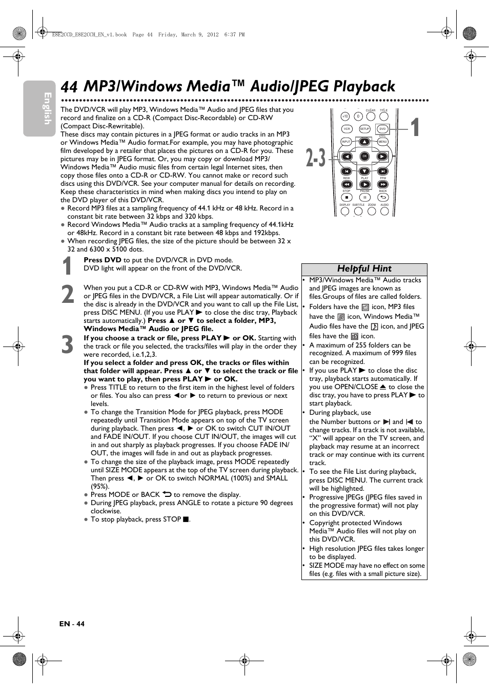 Mp3/windows media™ audio/jpeg playback, 44 mp3/windows media™ audio/jpeg playback, English | Helpful hint | Philips DVP3345VB User Manual | Page 44 / 66