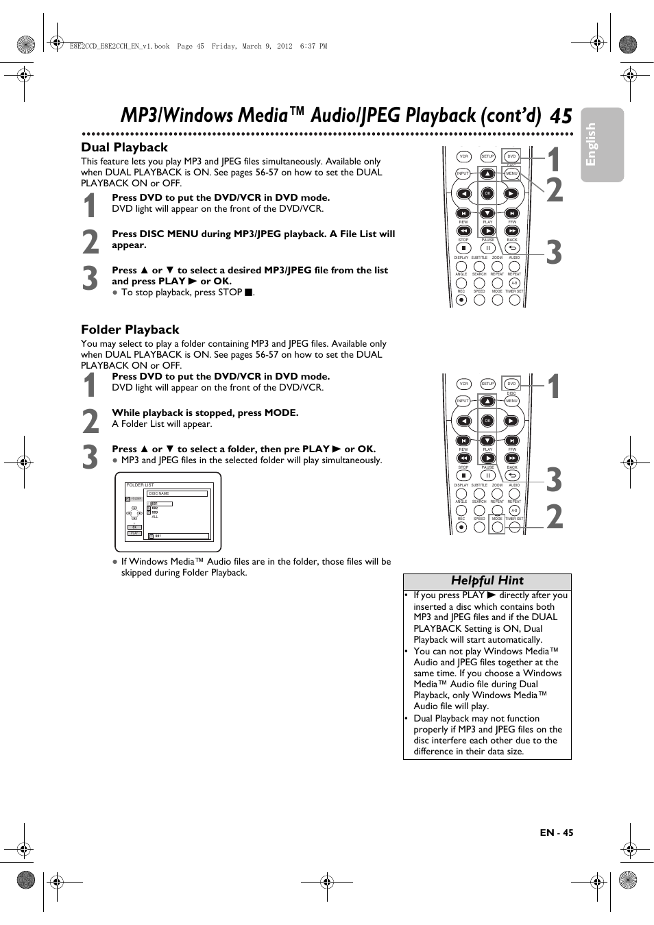 45 mp3/windows media™ audio/jpeg playback (cont’d), English, Dual playback | Folder playback, Helpful hint | Philips DVP3345VB User Manual | Page 45 / 66