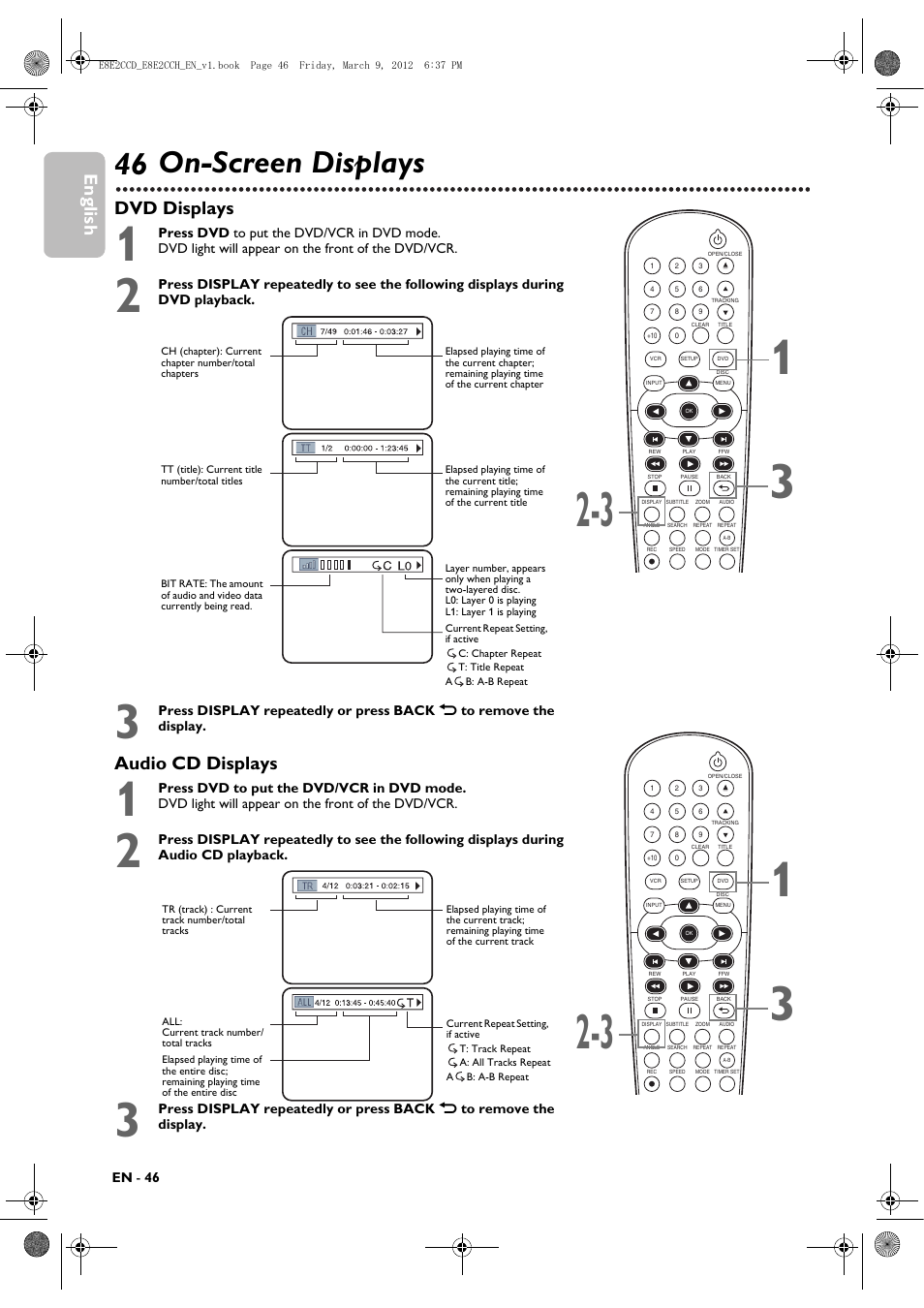 On-screen displays, 46 on-screen displays, English | Dvd displays audio cd displays | Philips DVP3345VB User Manual | Page 46 / 66