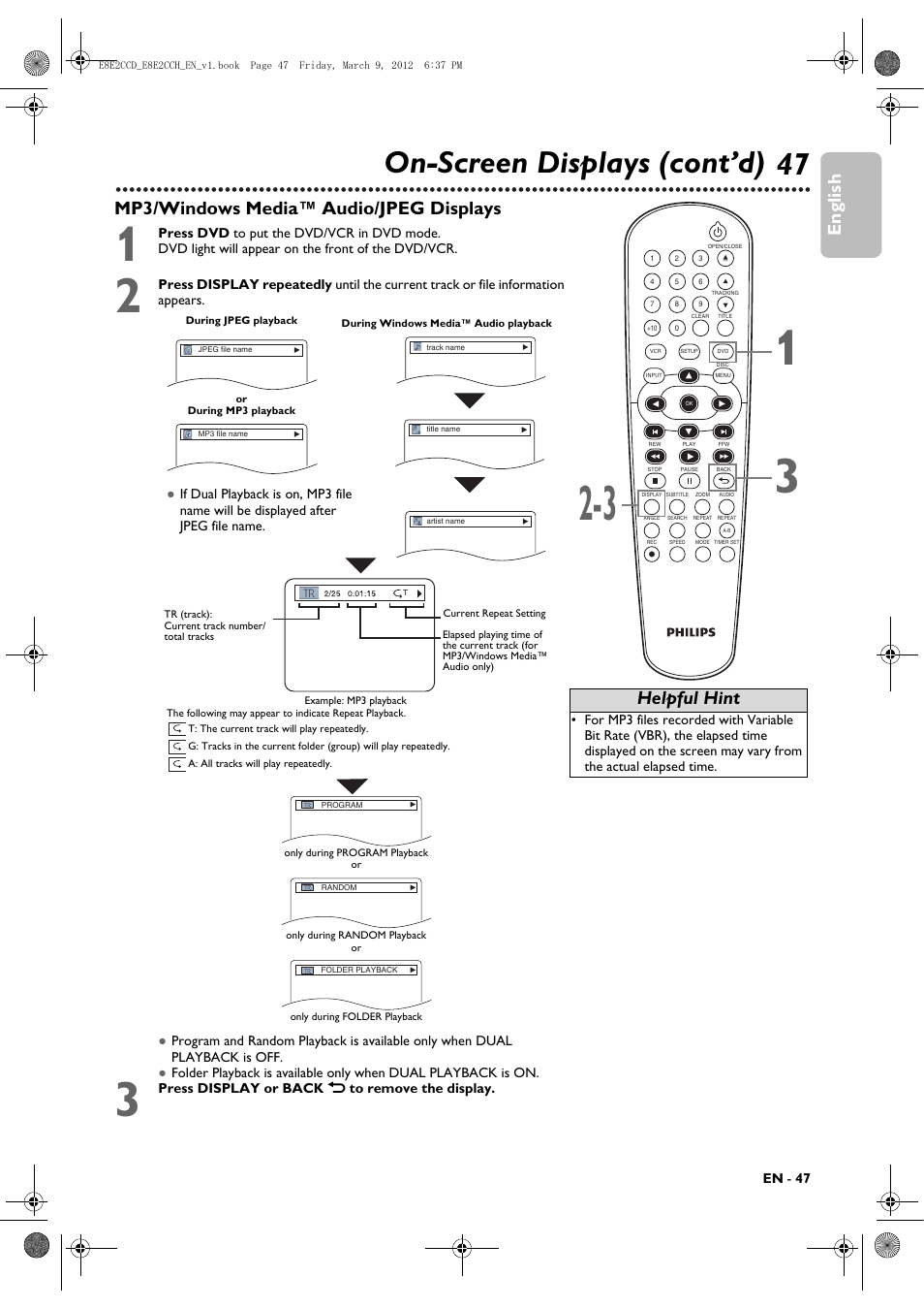 47 on-screen displays (cont’d), English, Mp3/windows media™ audio/jpeg displays | Helpful hint | Philips DVP3345VB User Manual | Page 47 / 66