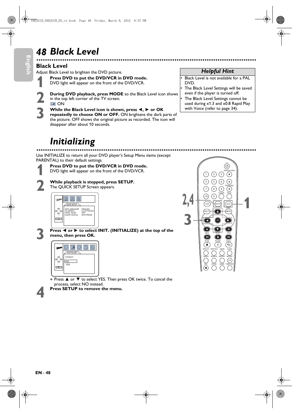 Black level, Initializing, 48 black level | English, Helpful hint | Philips DVP3345VB User Manual | Page 48 / 66