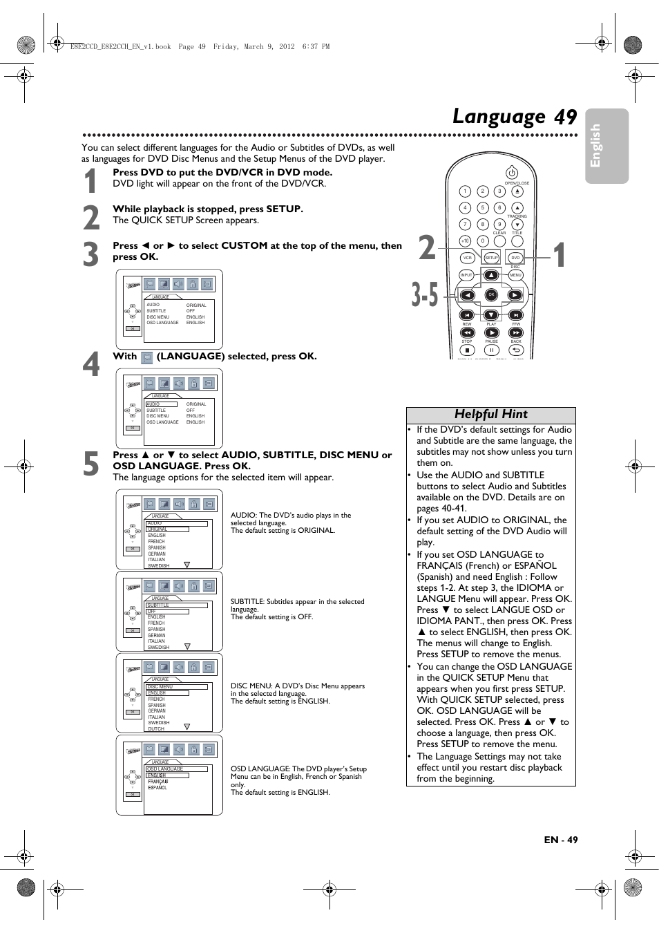 Dvd player setup options, Language, English | Helpful hint | Philips DVP3345VB User Manual | Page 49 / 66