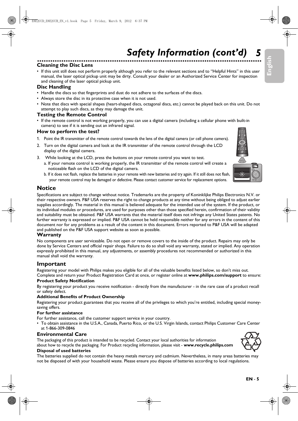 5safety information (cont’d), English, Notice | Important | Philips DVP3345VB User Manual | Page 5 / 66