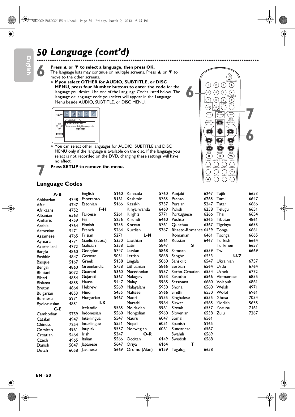 50 language (cont’d), English, Language codes | Philips DVP3345VB User Manual | Page 50 / 66